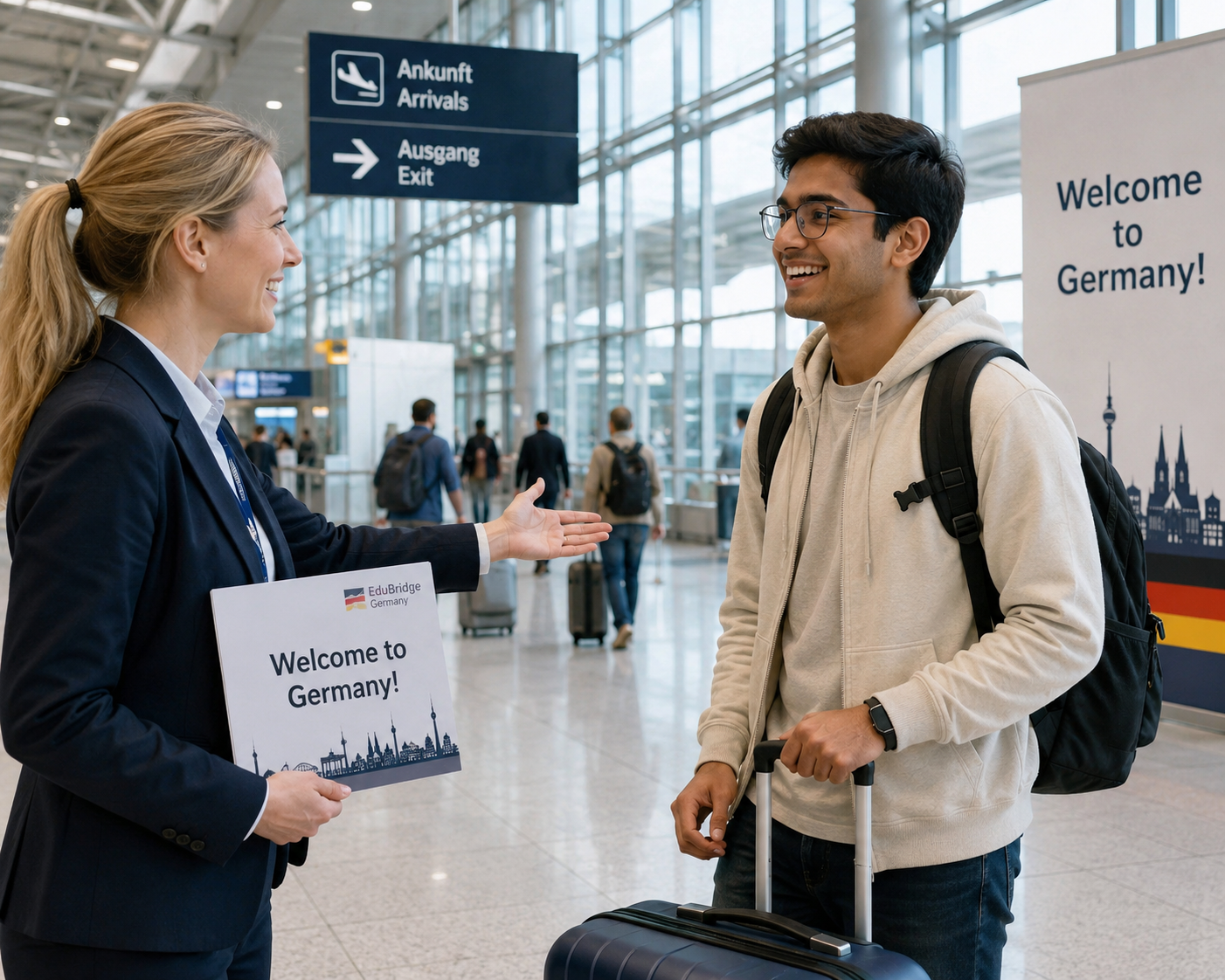 A LAKYA representative warmly welcoming a smiling Indian student with luggage at a bright and modern German airport terminal — the student looking relieved and happy, with a welcome sign in hand, symbolising LAKYA's promise of safe arrival and continued support