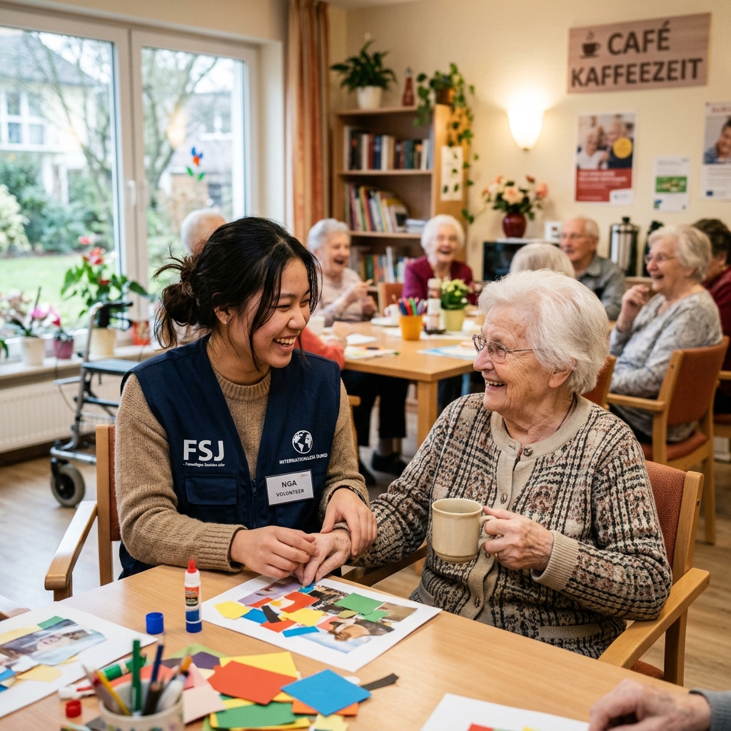 A young international volunteer wearing a volunteer vest, warmly helping an elderly German resident inside a community care facility — capturing the spirit of FSJ (Freiwilliges Soziales Jahr) and BFD voluntary social service in Germany
