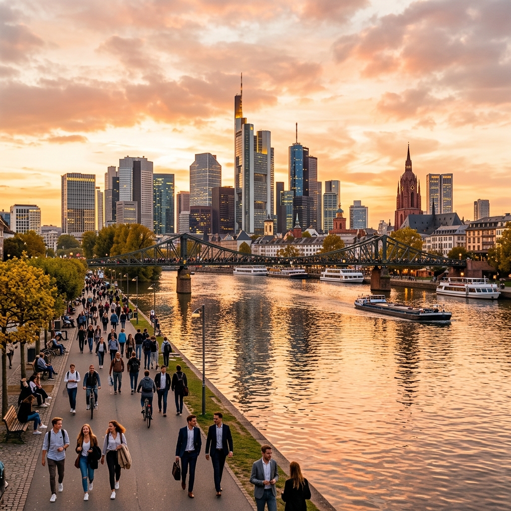 A breathtaking golden-hour panorama of a German riverside city — historic spires, modern skyline, and young professionals walking along the riverbank, symbolizing the vibrant opportunities Germany offers to international newcomers